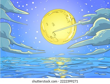 The moon reflection on the water cartoon comic style