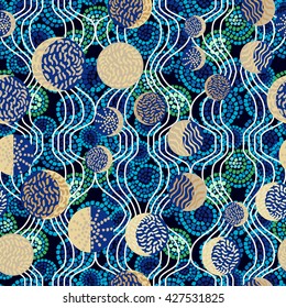 Moon reflection in the water. Abstract seamless vector pattern. 1950s style, geometric motifs, hand drawn dotted elements, wavy background. Golden, blue, black.