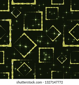 Moon rhombuses and squares in intersection with night stars on a dark background. Bright abstract pattern of geometric carved and fancy shapes.