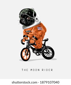 moon rider slogan with cartoon black dog in astronaut uniform riding bicycle illustration