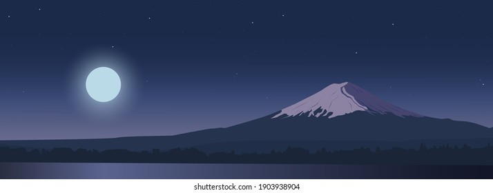 The moon rising over mount Fuji. Night view of a Japanese tourist attraction. Design for travel banners, travel, invitations. Landscape with a midnight starry sky. Realistic vector background. Views