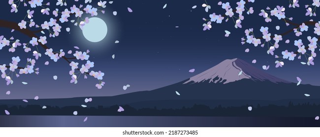 The moon rising over Mount Fuji, hanging branches of Japanese sakura. Spring night. Horizontal view, hanami time. Design for travel banners, travel, invitations. A landscape with a starry sky.