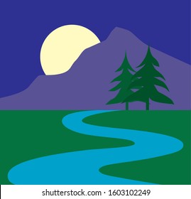 The moon is rising over a mountain with a stream in the foreground