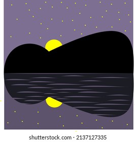 moon rising over mountains and its reflection in the water