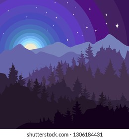 Moon rising over the mountains vector graphics starry night landscape