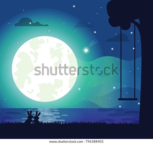 Moon and river silhouette, poster with\
bunnies and tree with swing, night sky and glowing stars, clouds,\
romantic isolated on vector\
illustration