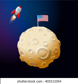 The moon and the rocket. Rocket fly to the moon. American flag on the moon.