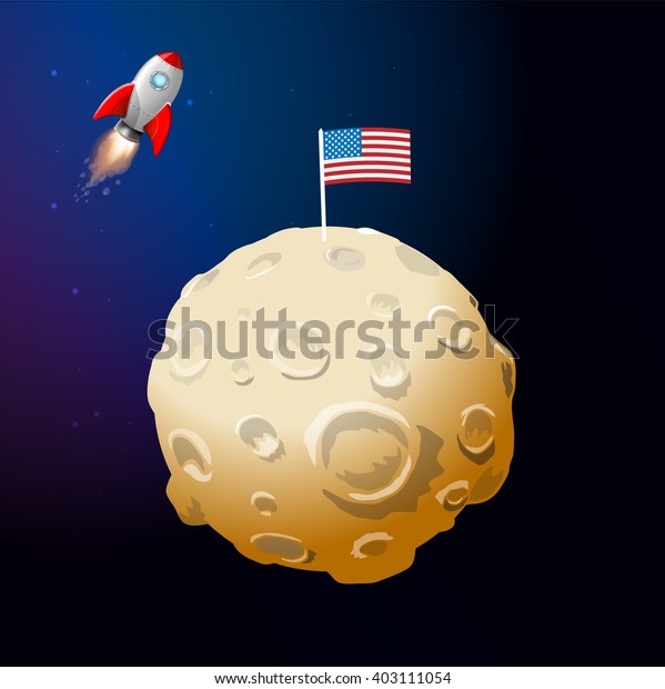The moon and the rocket. Rocket fly to the moon.\
American flag on the moon.