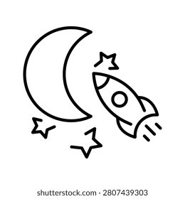 Moon rocket icon. Science and spaceflight line symbol. Black and white.