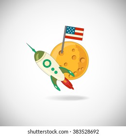 Moon and rocket vector icons on white background. Moon and rocket with shadow