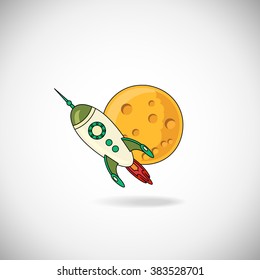 Moon And Rocket Vector Icons On White Background. Moon And Rocket With Shadow