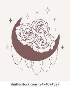 Moon with roses, line minimalistic vector boho art