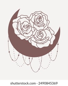 Moon with roses, line minimalistic vector boho art on pink background