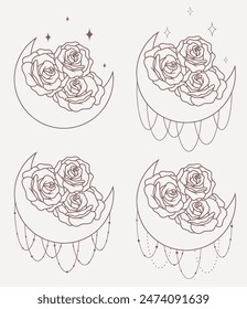 Moon with roses set, line minimalistic vector boho art