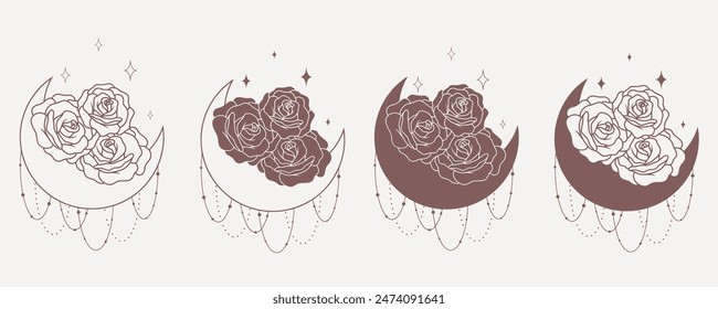 Moon with roses set, line minimalistic vector boho art