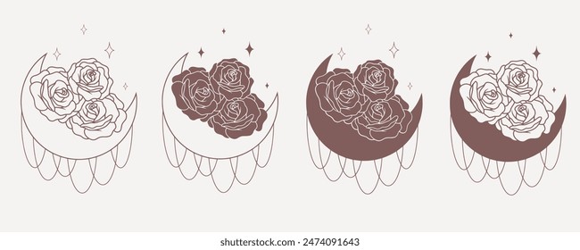 Moon with roses set, line minimalistic vector boho art