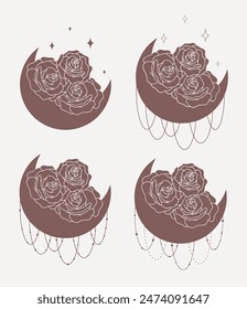 Moon with roses set, line minimalistic vector boho art
