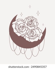 Moon with roses, stars and abstract elements, line minimalistic vector boho art on pink background