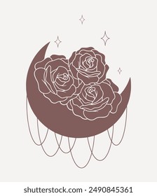 Luna con rosas, estrellas y Elementos abstractos, línea minimalista Vector boho arte sobre fondo rosa