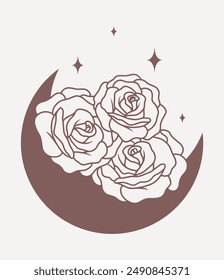 Moon with roses, stars and abstract elements, line minimalistic vector boho art on pink background