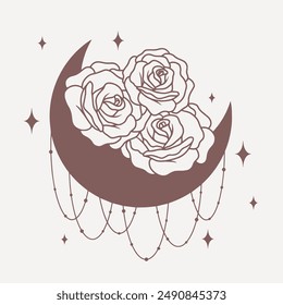 Moon with roses, stars and abstract elements, line minimalistic vector boho art on pink background