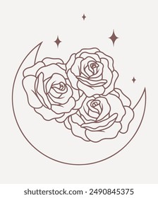 Moon with roses, stars and abstract elements, line minimalistic vector boho art on pink background