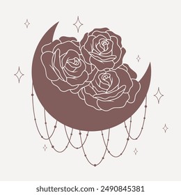 Moon with roses, stars and abstract elements, line minimalistic vector boho art on pink background