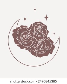 Moon with roses, stars and abstract elements, line minimalistic vector boho art on pink background