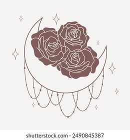Moon with roses, stars and abstract elements, line minimalistic vector boho art on pink background