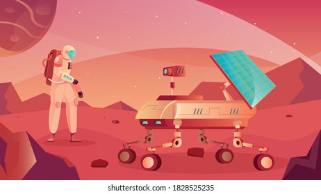 Moon rover flat composition with view of planetary surface with lunar roving vehicle and astronaut character vector illustration