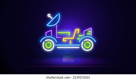 Moon Rover Neon Label. Vector Illustration of Space Promotion. Telecommunication industry neon light icon. Broadcasting and telecommunication with satellite. Information streaming.