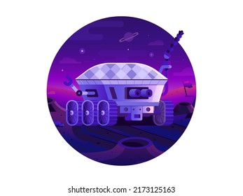 Moon rover on asteroid space icon. Robotic space autonomic vehicle for lunar or planet surface exploring. Moonwalker robot machine in gradient design.