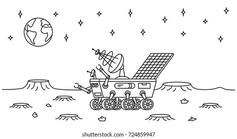 Moon rover vector illustration. Lunar vehicle (transport) line art concept. Mars rover (moon walker robot) outline graphic design.
