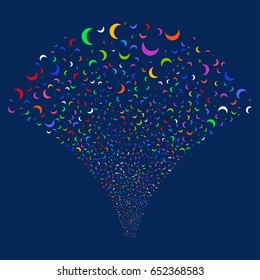 Moon salute stream. Vector illustration style is flat bright multicolored iconic symbols on a blue background. Object stream fountain created from random icons.