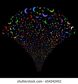 Moon salute stream. Vector illustration style is flat bright multicolored iconic symbols on a black background. Object stream fountain combined from random icons.