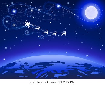 moon and santa on his deers on blue dark sky flying to earth, vector illustration