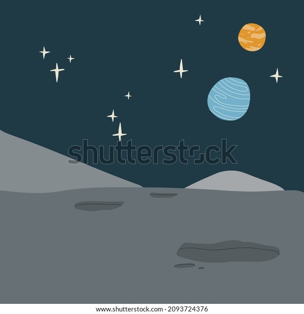 Moon satellite landscape. Vector cartoon fantasy\
space background of satellite surface with rocks, craters and stars\
in the sky.