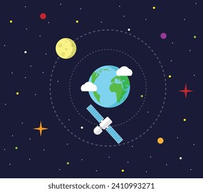 Moon and Satellite Orbiting the Earth Flat Style. Space exploration and science topic vector art