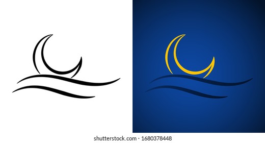 Luna y mar dibujados a mano. Ilustración vectorial.