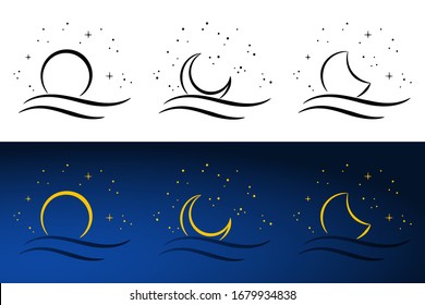 Moon and sea hand-drawn. Vector night sky clouds. Moonlight. Background design.