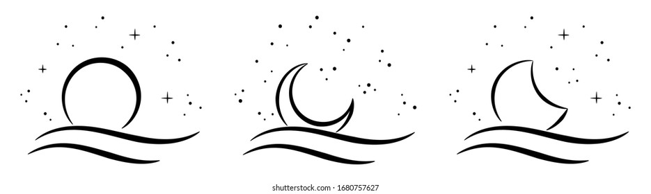 Luna y mar dibujados a mano. Nubes de cielo nocturno. A la luz de la luna. Diseño de fondo.