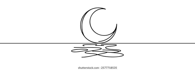 Moon and sea linear background. Hand drawn crescent. Vector illustration.