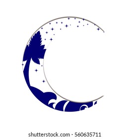Moon, sea, palm and stars.