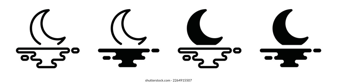 Mond- und Meereswellen-Symbol. Der Mond erhebt sich und setzt sich im flachen Stil über das Meer. Nachtlicht auf dem Meersymbol, Vektorgrafik