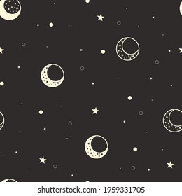 Moon seamless pattern. Celestial black background. Yellow Crescent moon and stars cover. Luna phase. Vector illustration.