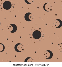 Moon seamless pattern. Celestial brown background. Black Crescent moon and stars cover. Luna phase. Vector illustration.