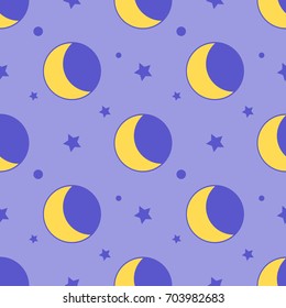 Moon seamless pattern child background with stars on purple Flat design Vector Illustration