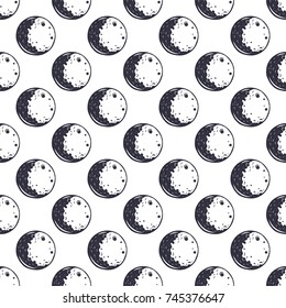 Moon seamless pattern. Monochrome. Vintage hand drawn space wallpaper design. Space theme, symbols. Stock vector illustration isolated on white background.
