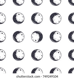 Moon seamless pattern. Monochrome. Vintage hand drawn design. Space theme, symbols. Stock vector illustration isolated on white background. Black moon icons.