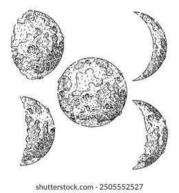 moon set hand drawn. phases orbit, tides surface, exploration landing moon vector sketch. isolated black illustration